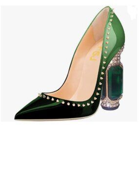 FSJ Emerald Green Bridal Pointed Toe Block High Heel Crystal Pumps Slip on Shoes